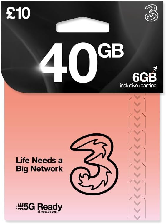 THREE 4G/5G SIM Card UK & ROAM FREE in over 70 destinations - PREPAID PAYG £10 Bundle - 20GB + (20GB FREE DATA) Unltd Texts & Mins - ROAMING ALLOWANCE 6GB