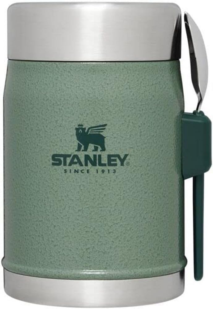 Stanley Classic Food Jar and Spork 14 oz | Vacuum Insulated Thermos Food Container | Wide Mouth Screw On Lid | Packable for Travel | Stainless Steel with Leakproof Lid | BPA-Free | Hammertone Green