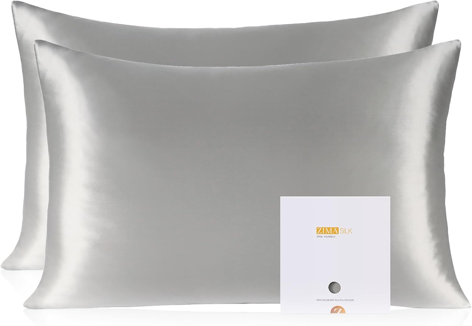 ZIMASILK 100% Pure Mulberry Silk Pillowcase 2 Pack, Soft and Smooth,Both Sides Premium Grade 6A Silk,600 Thread Count,with Hidden Zipper for Men and Women Family (Standard 20"x26", Gray)