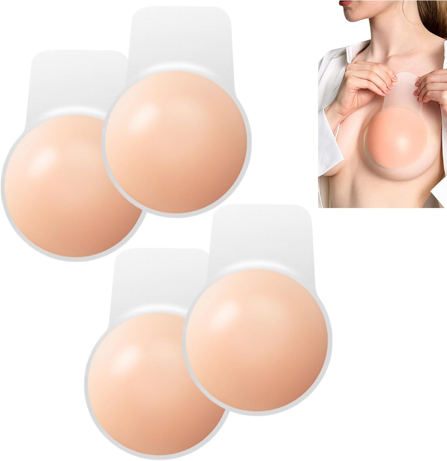 ANGELEMM Silicone Sticky Bra Pasties - 2Pairs Pasties Nipple Covers with Lift, Invisible Strapless Self Adhesive Bras Sticky Boobtapes Push Up Reusable Stick on Bra for Women Backless Dress Beige