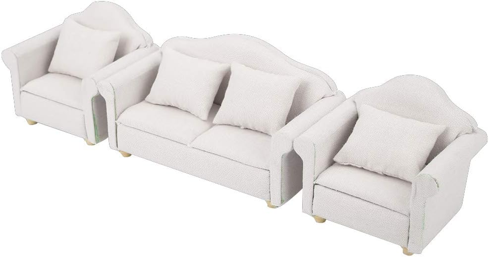 3Pcs Dollhouse Couch, 1:12 Mini Dollhouse Furniture Handmade Sofa Cushion Set Doll House Furniture Accessories White