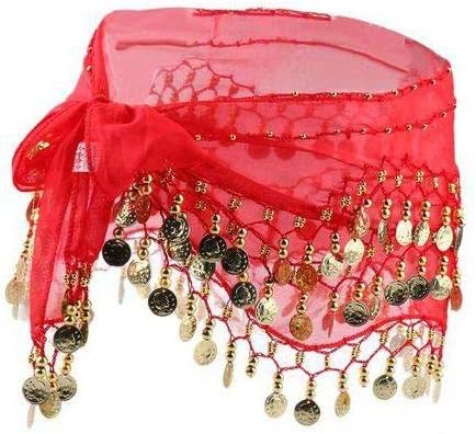 ck collection ltd 3 Rows Belly Dance Costume Belt Skirt Hip wrap Outfit Gold Coin Bead Scarf (RED)