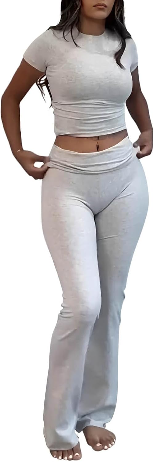 ZFLM Casual Workout Two Piece Outfits for Women Short Sleeve Crop High Waist Foldover Flare Pants Tracksuit Sets Streetwear