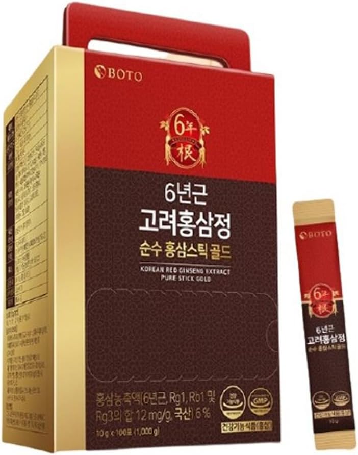 BOTO 6 Years Korean Red Ginseng Gold Extract Natural Energy Supplements Nitric Oxide Brain Natural Immune Support Liquid Portable Sticks 30 Sachet for 1 Month