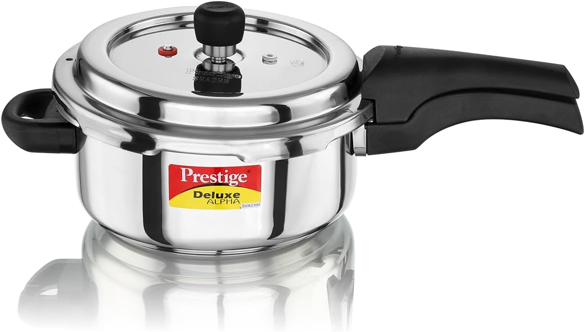 Prestige Deluxe Alpha Svachh Stainless Steel Pressure Cooker with Alpha Base and Deep Lid for Spillage Control, (3 Liter)