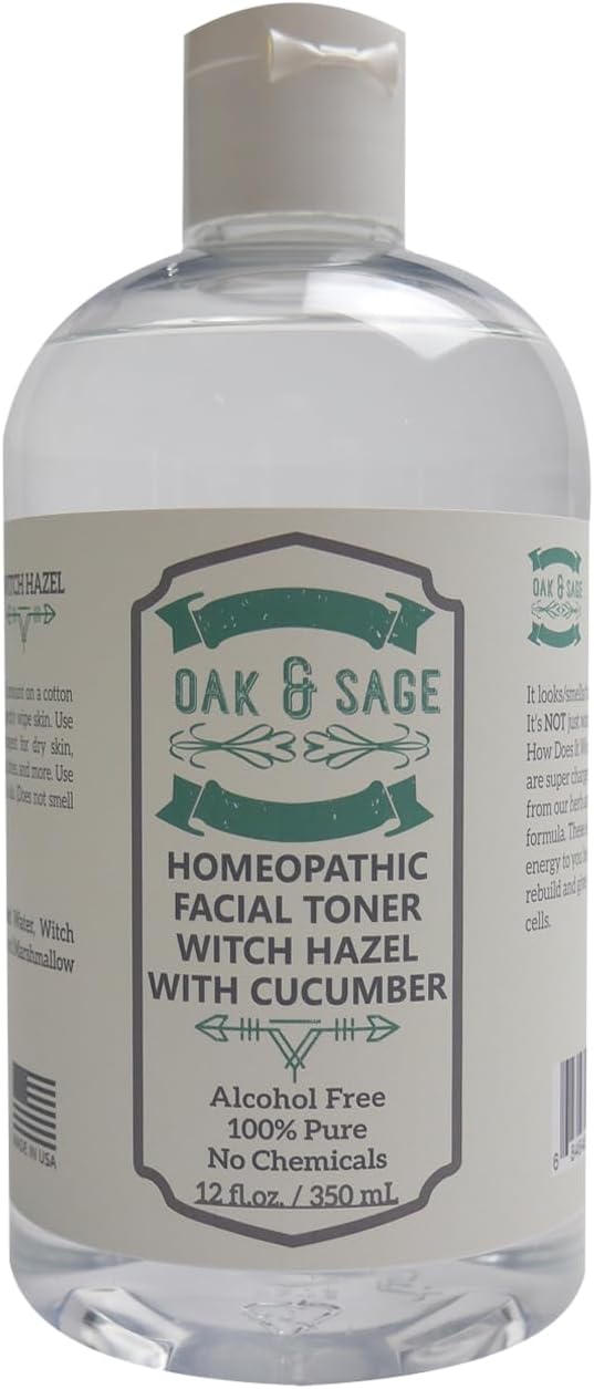 Oak & Sage Homeopathic Facial Toner Witch Hazel with Cucumber - Unscented - 12oz Astringent, 100% Pure, No Alcohol, No Additives