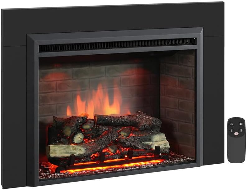 PuraFlame Western 33" Electric Fireplace Insert with Trim Kit, Fire Crackling Sound, Resin Log, Remote Control, 750/1500W Heater, Black