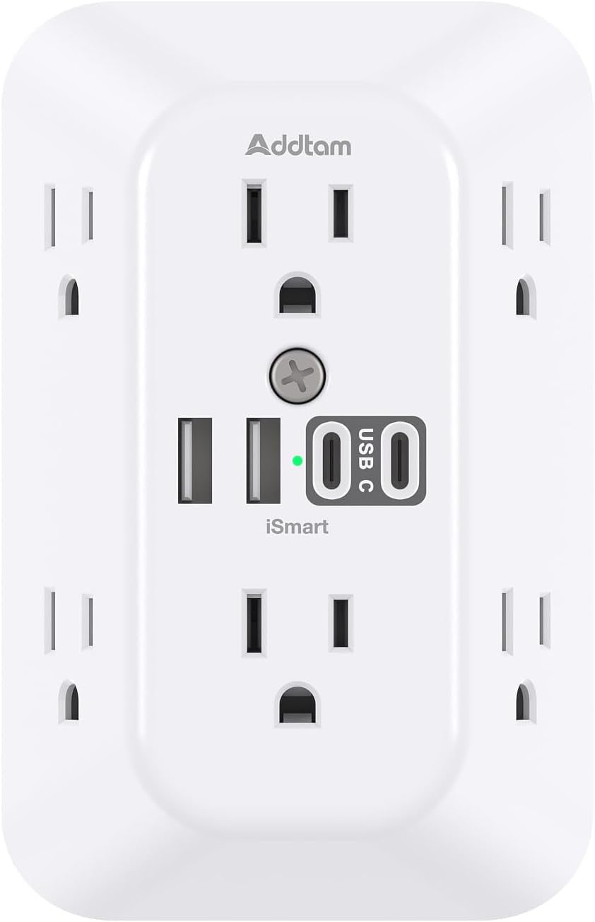 Addtam Surge Protector Outlet Extender, 6-Outlet Splitter with 4 USB Wall Charger(2 USB-C Ports), Multi Plug Wall Outlet 1800J Power Strip for Home Office Dorm Room Essentials