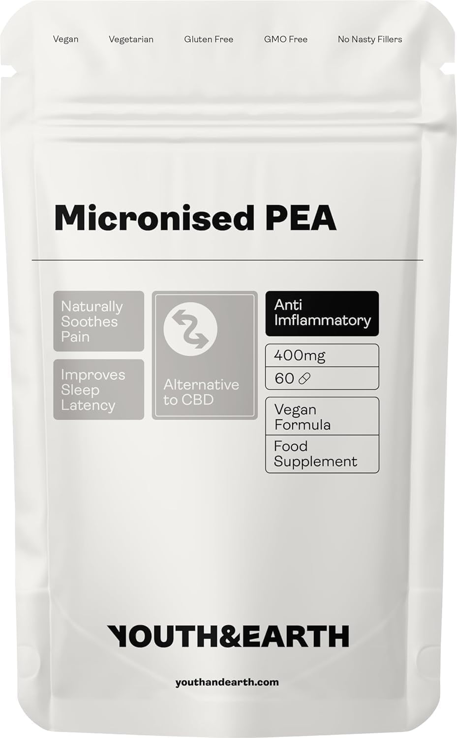 Youth & Earth Pea (Palmitoylethanolamide) Micronised 400mg | Natural Supplement to Support Physical Comfort | Supports Healthy Inflammatory Response | Nerve Function and Immune Balance | 60 Capsules