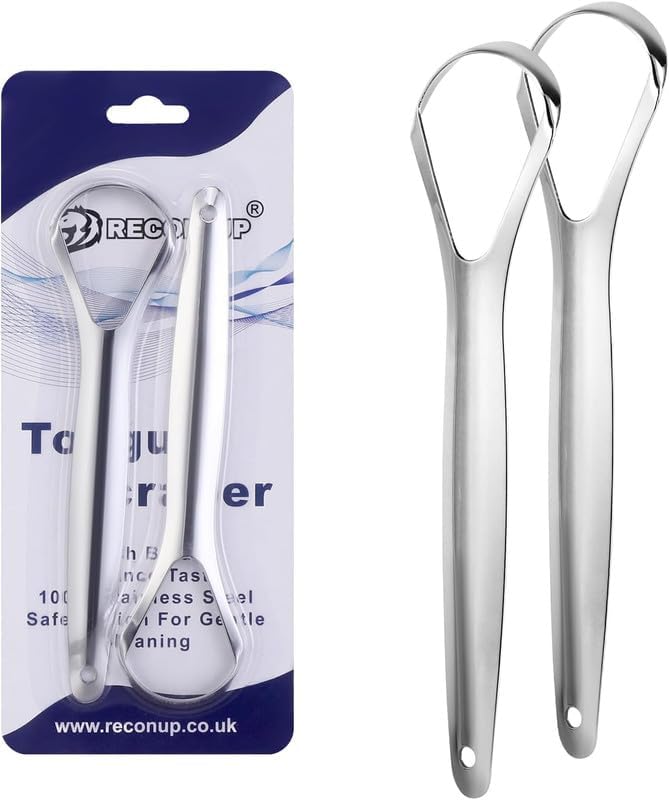 RECON UP Pack of 2 Spoon Shape Tongue Scraper for Adults 100% Stainless Steel, Tongue Cleaner Fresh Breath Care Scraper, Tounge Scraper Bacteria Inhibiting Non-Synthetic Grip Tongue Cleaning Tool