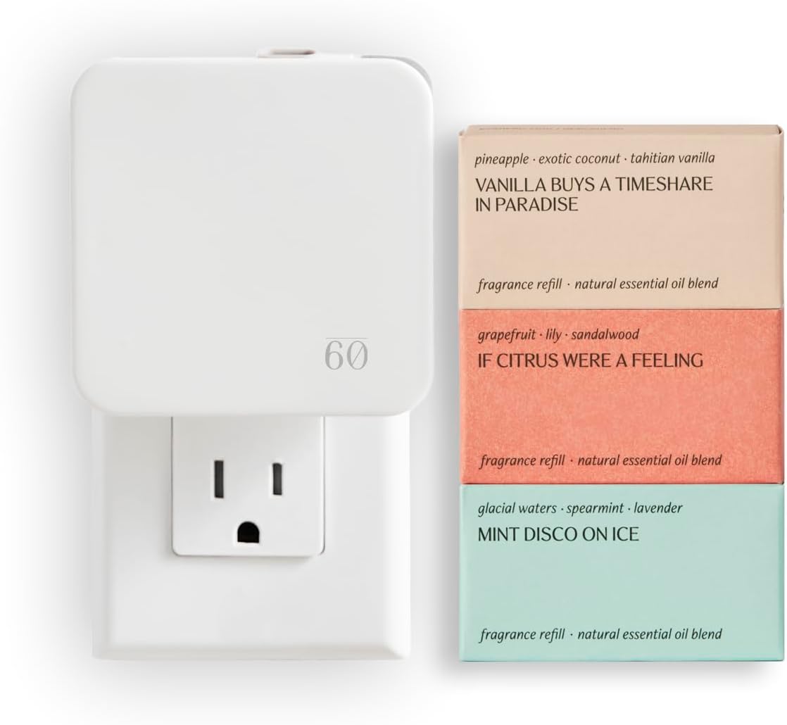 Hilary Duff Below 60 Plug In Scent Diffuser for Small Spaces, Sleek, Low-Profile Design | Home Fragrance System Starter Kit, Essential Oil Plug-Ins for Aromatherapy with 3 Nature-Inspired Scents