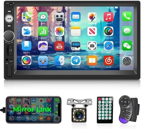 NHOPEEW Double Din Bluetooth Car Stereo - 7 Inch Touch Screen Car Radio with Mirror Link/FM/SWC/EQ Audio/Seven Color Backlight/AUX/USB/SD Input + Backup Camera
