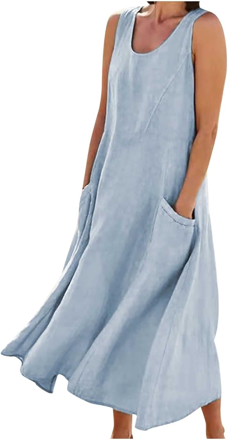 Women's Summer Cotton Linen Long Dress Sleeveless Elegant Flowy Dresses Plus Size Loose Comfy Dress with Pockets