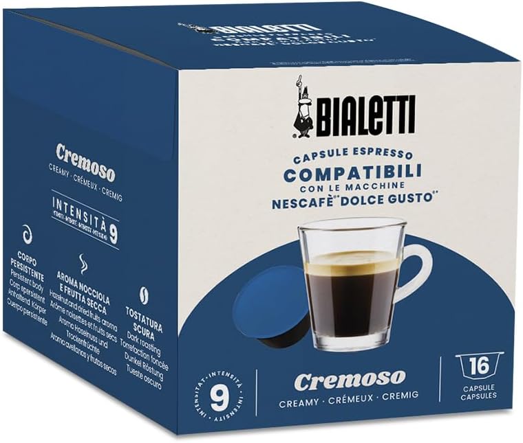 Bialetti Espresso Capsules Compatible with Dolce Gusto Machines, Italian Single Serve Pods, Cremoso Flavor – 1 Count (Pack of 16), Ideal for Home or Office Use