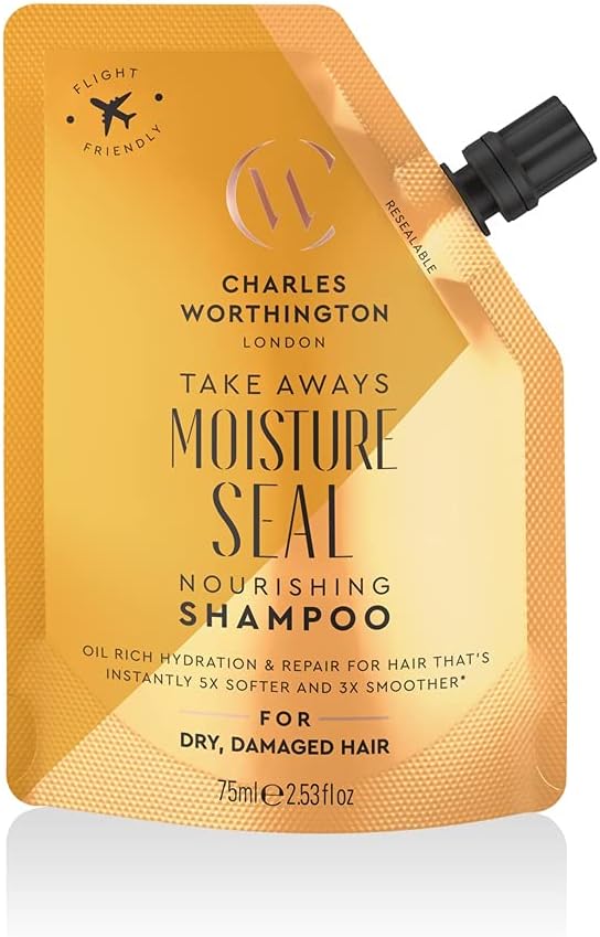 Charles Worthington Moisture Seal Nourishing Shampoo Takeaway, Travel Size, Coconut, Argan and Macadamia Oils, Salon Shampoo for Deep Moisture, 75ml
