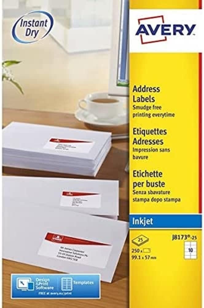 Avery Self Adhesive Address Mailing Labels, Inkjet Printers, 10 Labels per A4 Sheet, 250 labels, QuickDRY (J8173), White
