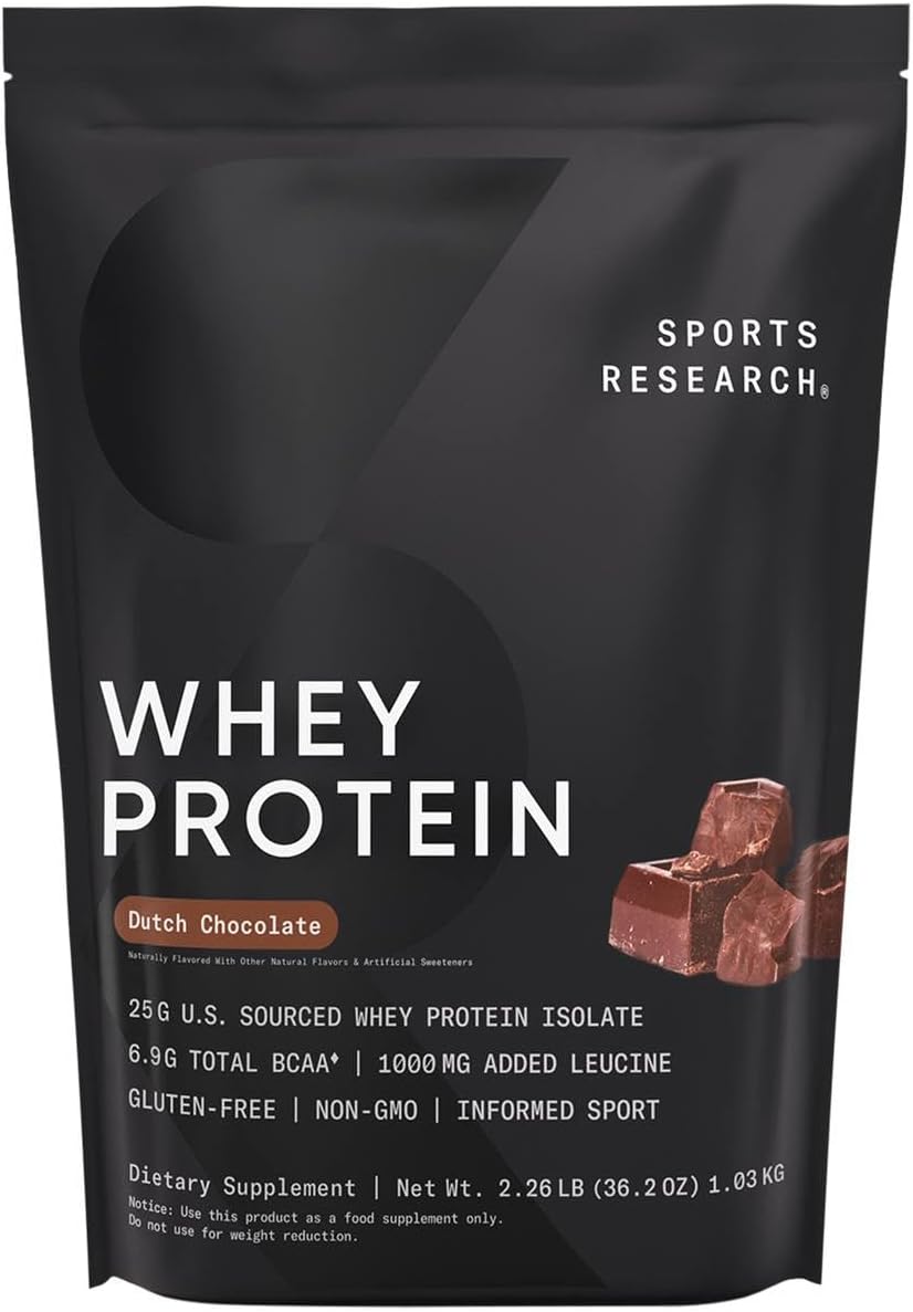 Sports Research Whey Protein Isolate - Sports Nutrition Protein Powder 25g per Scoop - 2lb Bag Whey Protein - Dutch Chocolate Bulk Protein Powder, 25 Servings
