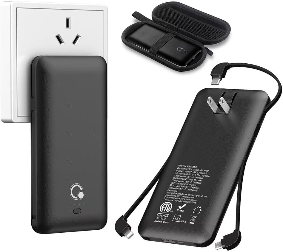 Q 10000mAh Power Bank, Slim Portable Charger,4 Output External Battery Pack with Built-in AC Wall Plug Micro USB C Three Cables Compatible with iPhone Android Phone Smart Watch