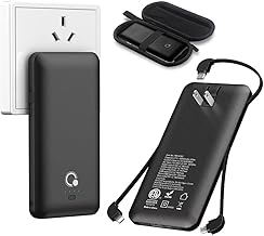 Q 10000mAh Power Bank, Slim Portable Charger,4 Output External Battery Pack with Built-in AC Wall Plug Micro USB C Three Cables Compatible with iPhone Android Phone Smart Watch