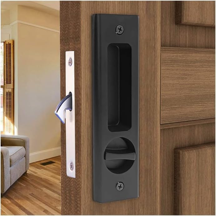 mvuenleyog Sliding Pocket Door Lock,Sliding Door Latch with Turn Knob for Interior Wooden Door,6.3in/160mm,Invisible Recessed Door Handle (Black)