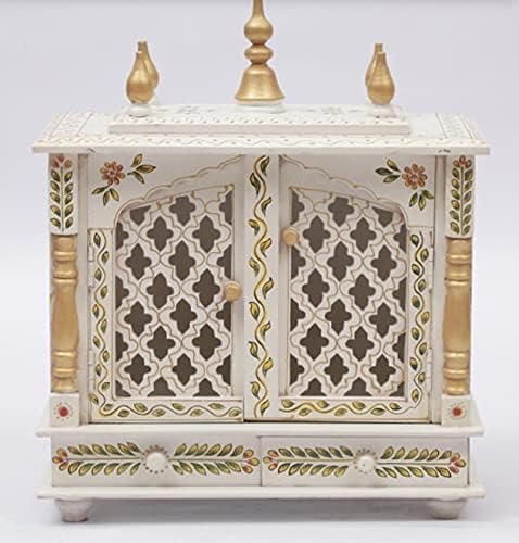 Aakrati Devyom Small Wooden Pooja Mandir Indian Hindu Decoration Puja Cabinet Temple Bhagwan Stand Mandapam Wall Hanging Decor for Home in USA (White Golden, Medium-20x12x24)