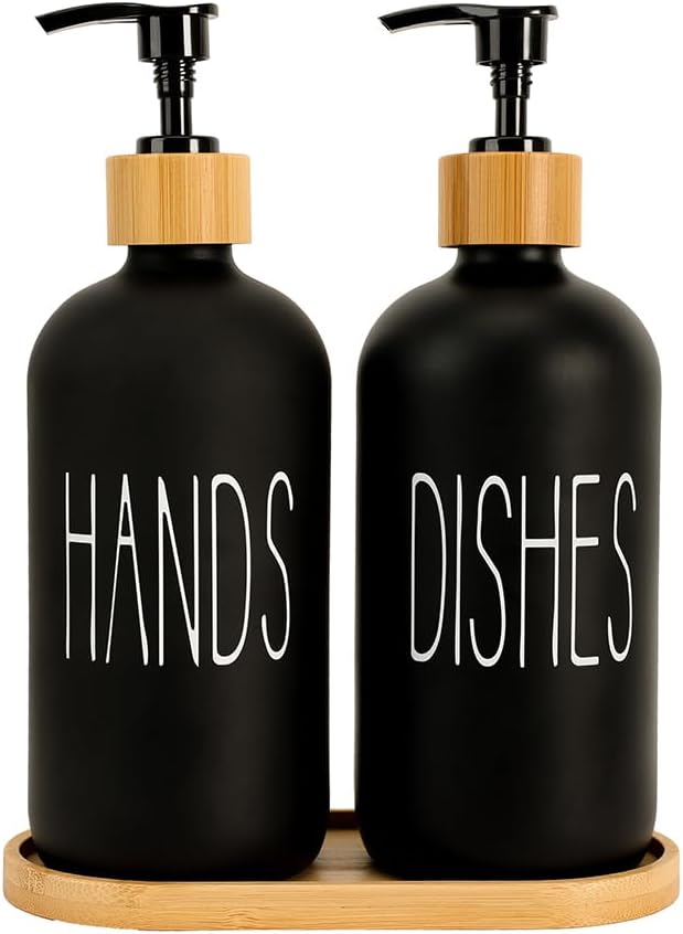 Baynlayn 16 OZ Matte Black Glass Hand and Dish Soap Dispenser with Bamboo Tray for Kitchen, Modern Farmhouse Kitchen Bathroom Decor and Accessories 2 PCS (Black), BSD001