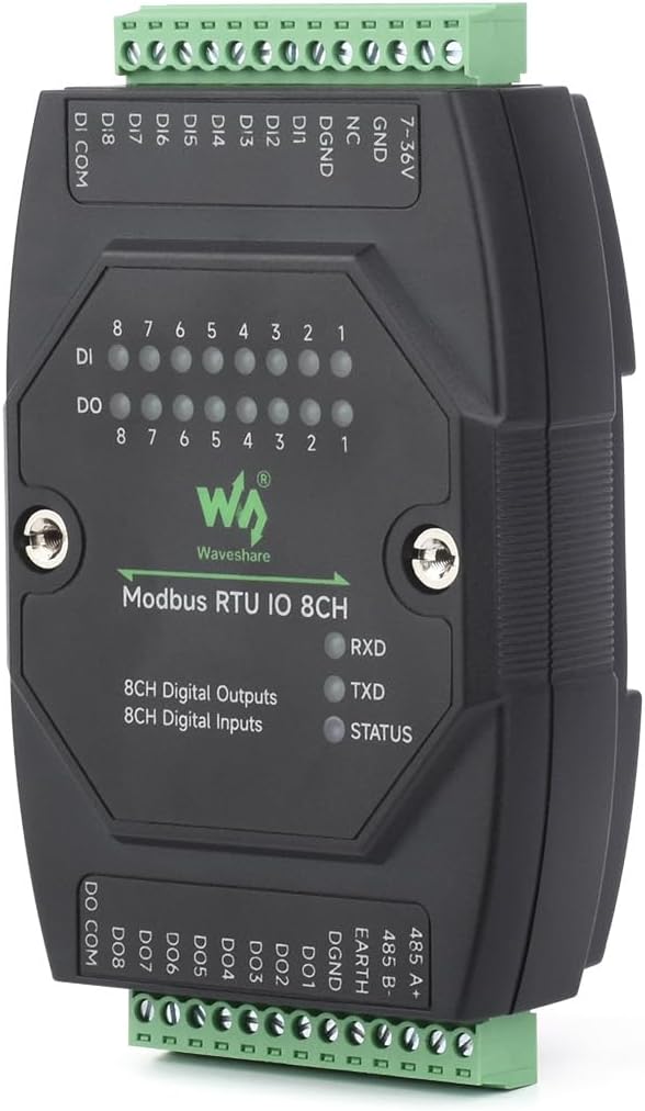 Waveshare Industrial 8-Ch Digital Input & Output Module, DC 7~36V Wide Voltage Power Supply, Modbus RTU Protocol, Multiple Isolation Protection Circuits, Rail-Mount Support