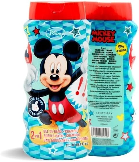 Disney Mickey Mouse 2-in-1 Kids Bubble Bath & Shampoo - Gentle, Paraben-Free Hair & Body Wash with Vitamin E & A, pH Balanced for Sensitive Skin - Lightly Scented, Safe for Children Aged 3+, 475ml