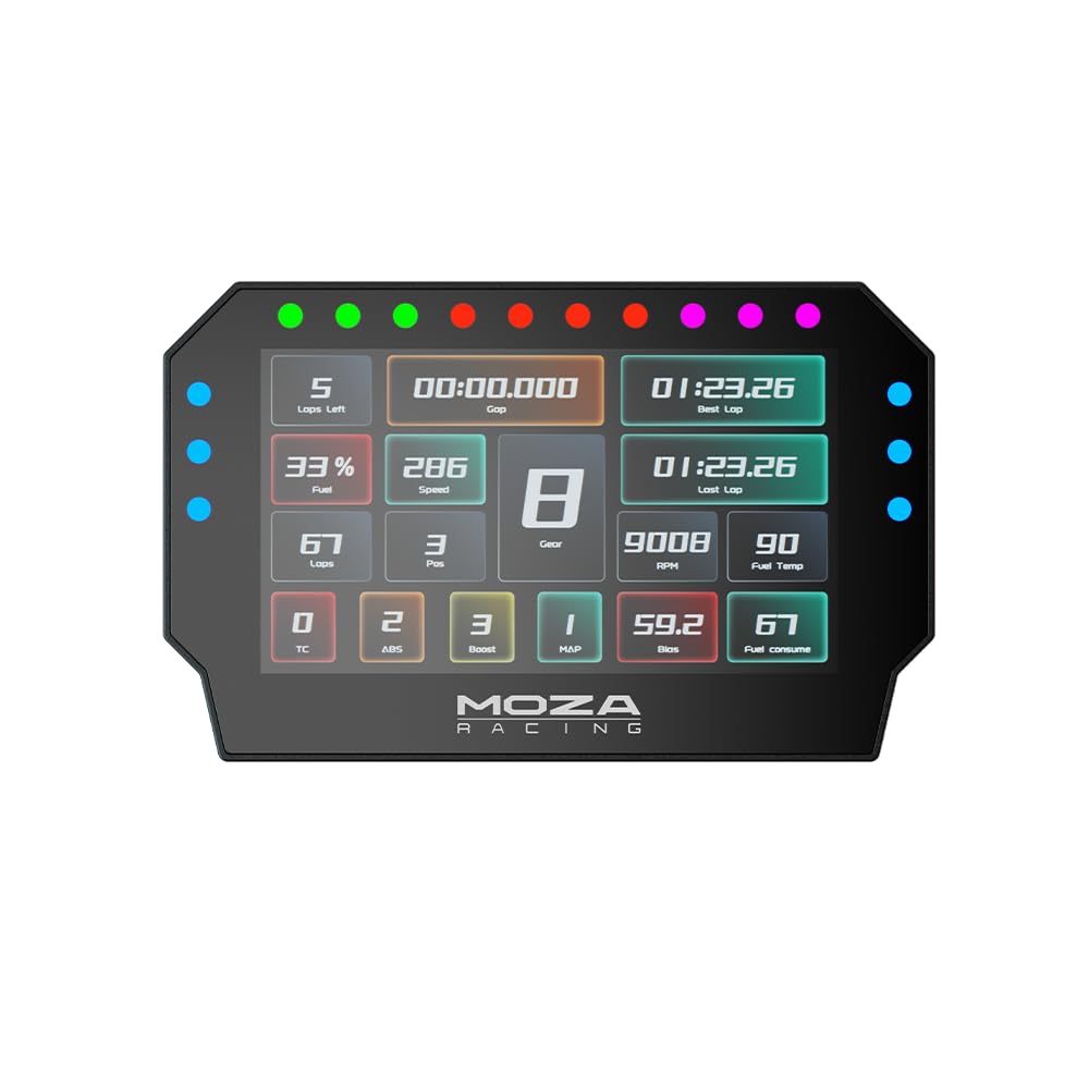 MOZA CM2 HD Racing Dash Sim Racing Dashboard Display with 5" Touchscreen, customizable UI, 10 RGB shift indicators, and 6 flag lights and 3rd-party setups.