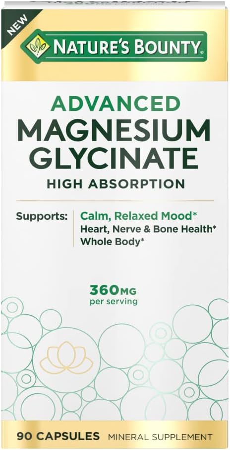 Nature's Bounty High Absorption Magnesium Glycinate, Supports a Calm & Relaxed Mood, Heart, Nerves, Muscle & Bone Health Support, 90 Capsules