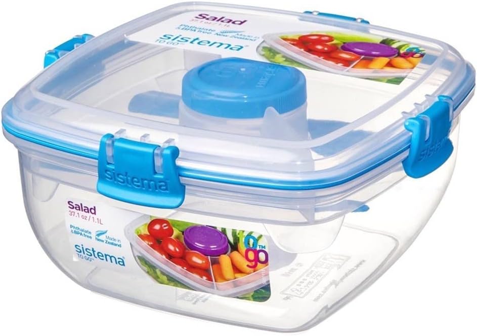 Sistema Salad TO GO | Lunch Box with Individual Compartments, Travel Cutlery & Dressing Pot| 1.1L | BPA-Free | Assorted Colours