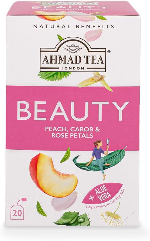 Ahmad Tea Natural Benefit Tea | Peach, Carob & Rose Petals "Beauty" Infusion | 20 Teabag Sachets | 1 Pack