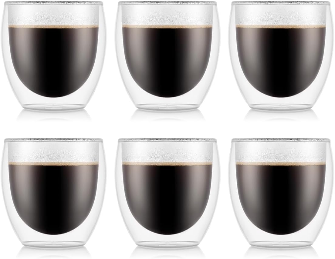Bodum Double Walled Glasses Pack of 6 PAVINA - 250ml Coffee Cups - Dishwasher Safe Thermal Cup - Mouth-Blown Borosilicate Glass