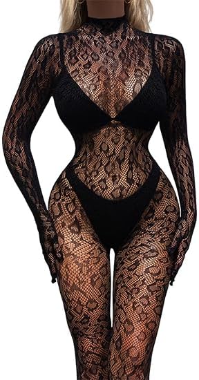 One Piece Black Fishnet Bodysuit Lingerie Bodystocking for Women full Body See Through Jumpsuit One Size