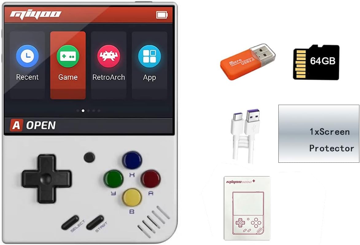Miyoo Mini Plus Handheld Game Console 3.5 inch Classic System Retro Video Games Consoles Portable Rechargeable Hand Held 64G with Case White