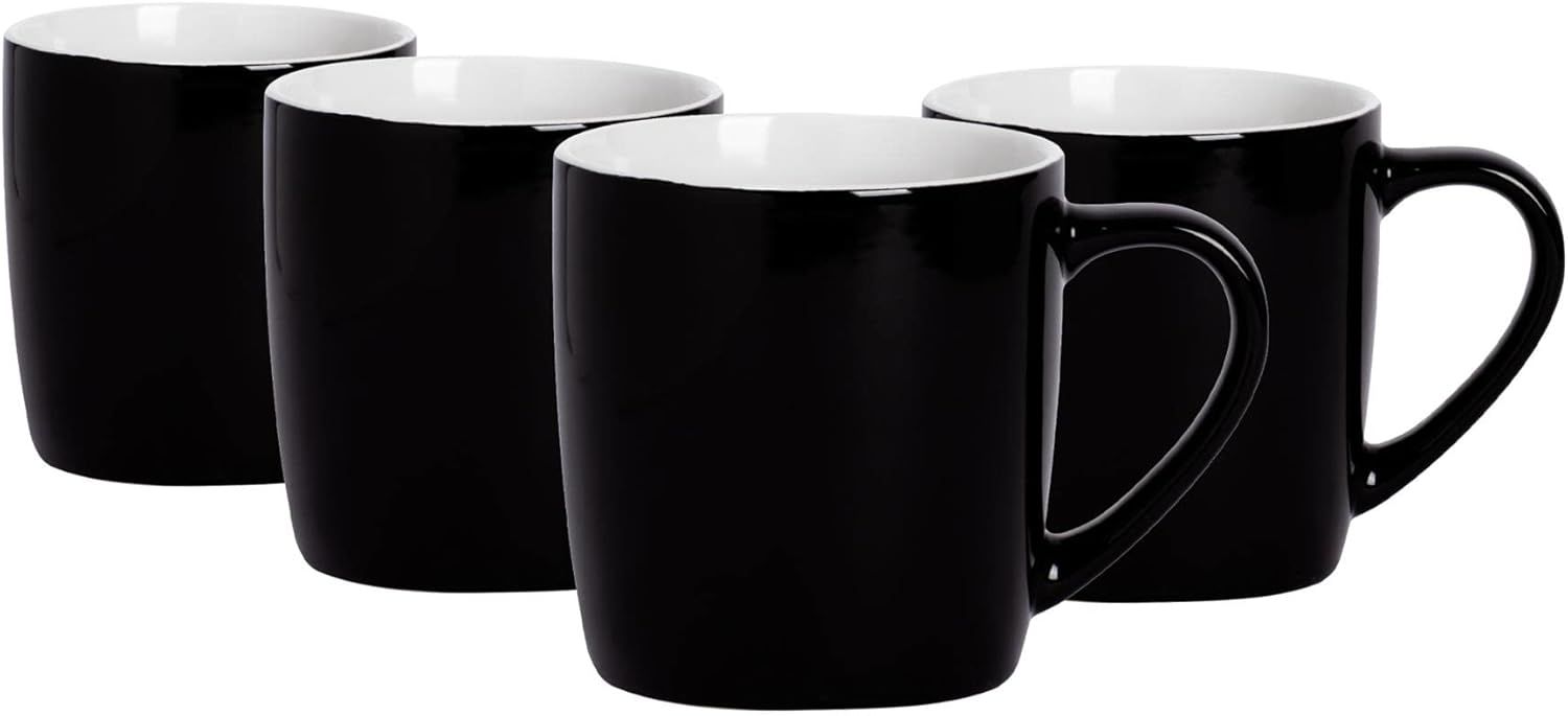 Argon Tableware Coloured Coffee Mugs - Black - 350ml - Pack of 4 - Gloss Ceramic Stoneware Tea Mugs Latte Cappuccino Cups Hot Chocolate Cups Colourful Mug Set with Handle