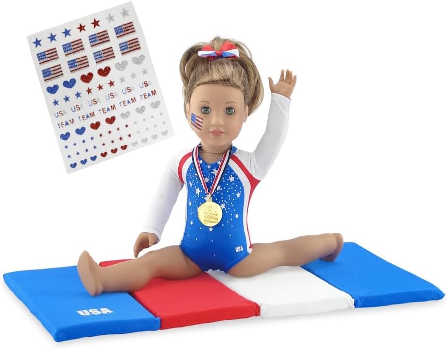 Emily Rose Doll Clothes,18 Inch Gymnastics Sports Outfit for Dolls, Doll Gymnastic Accessories with Medal and Face Stickers, Gymnast Toy Compatible with American Girl Dolls, Designed in USA