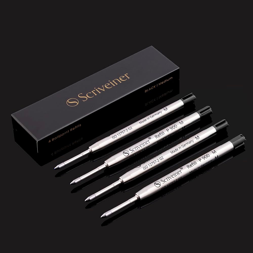 Scriveiner Ballpoint Refill Black Medium - 4 Black P900 Ballpoint Pen Refills, Stainless Steel Tip with Tungsten-Carbide Ball, Made in Germany & Suitable for Scriveiner Pens and Many Other Brands