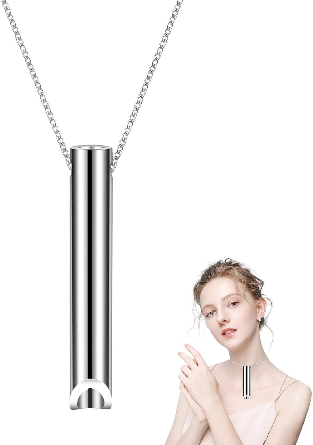 Breathing Necklace,Necklaces Stress Relief Carry for Anxiety-Portable Breath Aids Inhaler Silent Design Holder Lanyard Simply Vaporless Stainless Steel Whistle,for Adults Women Men Meditation (Silver)