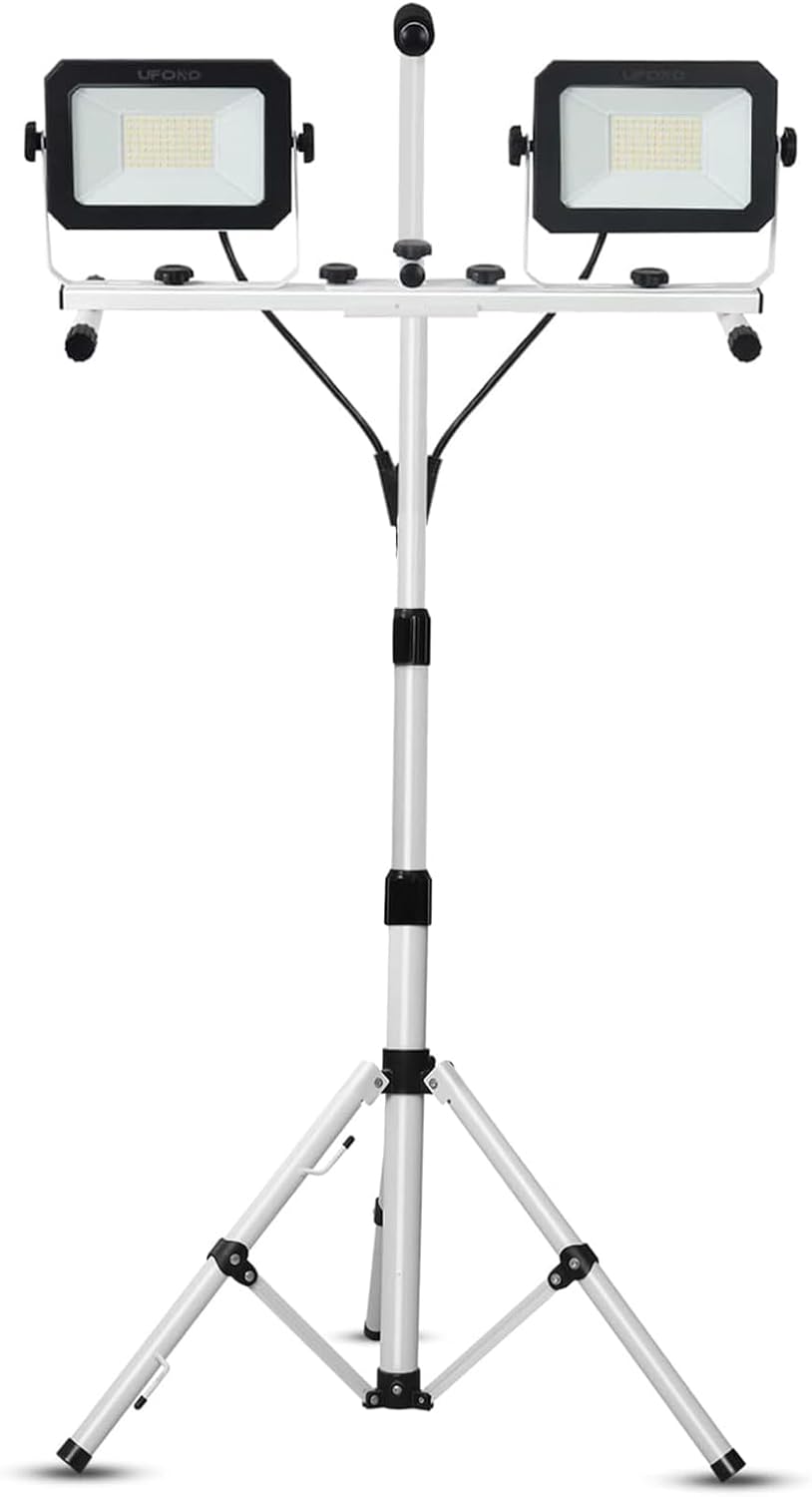 UFOND 10000 Lumen LED Work Light with Stand,Detachable Waterproof Dual Head Work Lights,Individual Switch Floodlight with TelescopingTripod,Work Lamp with Power Cord for Construction Site