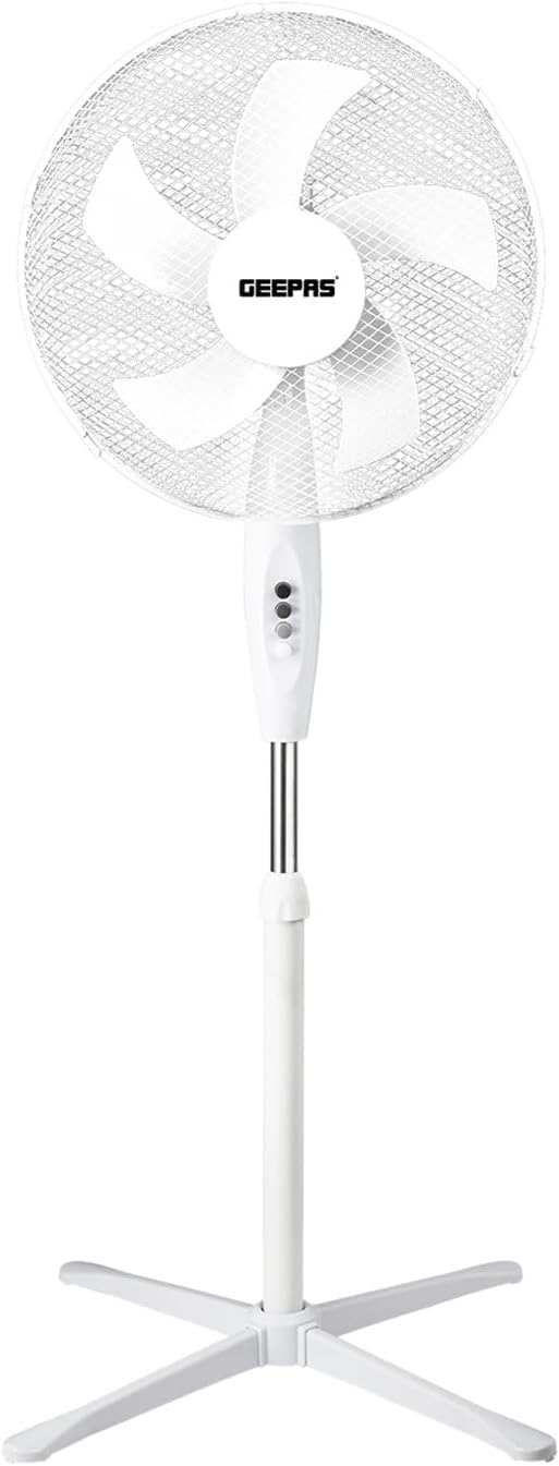 GEEPAS 16” Pedestal Free Standing Cooling Fan | 3 Speed 5 Blades Wide Angled Oscillation | Pivoting Head & Adjustable Height | Powerful Airflow Floor Fan | Home Office Use, 1 Year Warranty White 45W