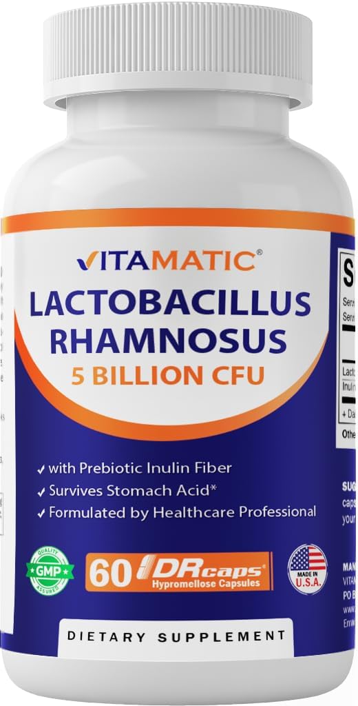 Vitamatic Lactobacillus Rhamnosus 5 Billion per DR Capsule (10 Billion Per 2 Capsules) - 60 Count - Advanced Digestive & Immune Support - Made with Prebiotic Inulin Fiber