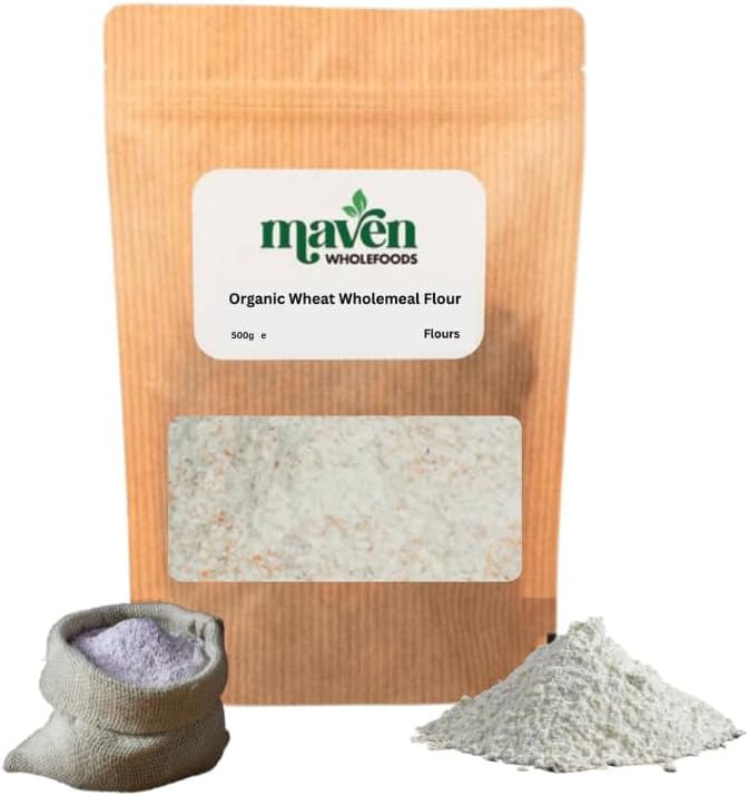 Maven wholefoods Organic Wholemeal Wheat Flour Stoneground 500g | Raw | GMO Free | High Fibre & Protein | Certified Organic | Suitable for Vegetarian & Vegan | Packed Fresh in Resealable Bags