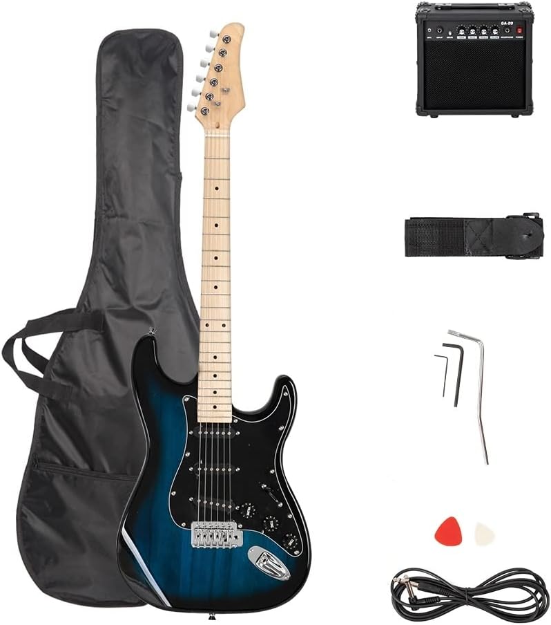 Trayoz Full-Size Electric Guitar Kit with 20Watt Amp, SSS Pickups Beginner Electric Guitars Kit W/All Accessories Strap, Gig Bag & Cable (Blue)