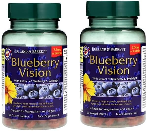 Holland and Barrett Blueberry Vision 60 Capsules (Pack of 2 Total 120 Capsules) Helps Support Eye Health and Vision