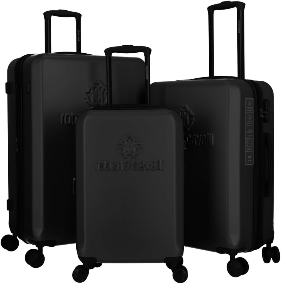 ROBERTO CAVALLI Luxury 3 Piece Luggage Set, Expandable Hard Shell Suitcases with 8 Spinner Wheels, Combination Lock Large Suitcase Set for Men and Woman- Black