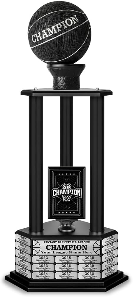 TrophySmack Fantasy Basketball Trophy - Customizable Championship Awards - Engravings Included Up to 19 Years Past Winners, 26-36" Inch Tall (Black or Silver)