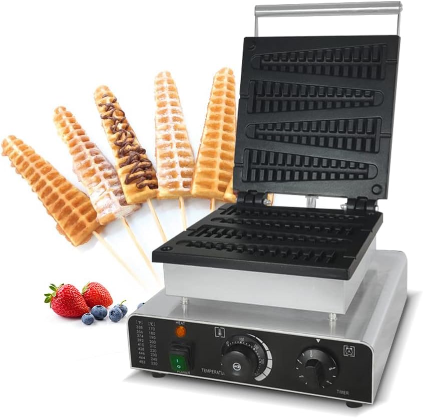 Commercial Lolly Stick Waffle Maker - 4Pcs Non-stick Waffle Baker Machine 110-240V -Pine Tree Mould Iron Cast Pan