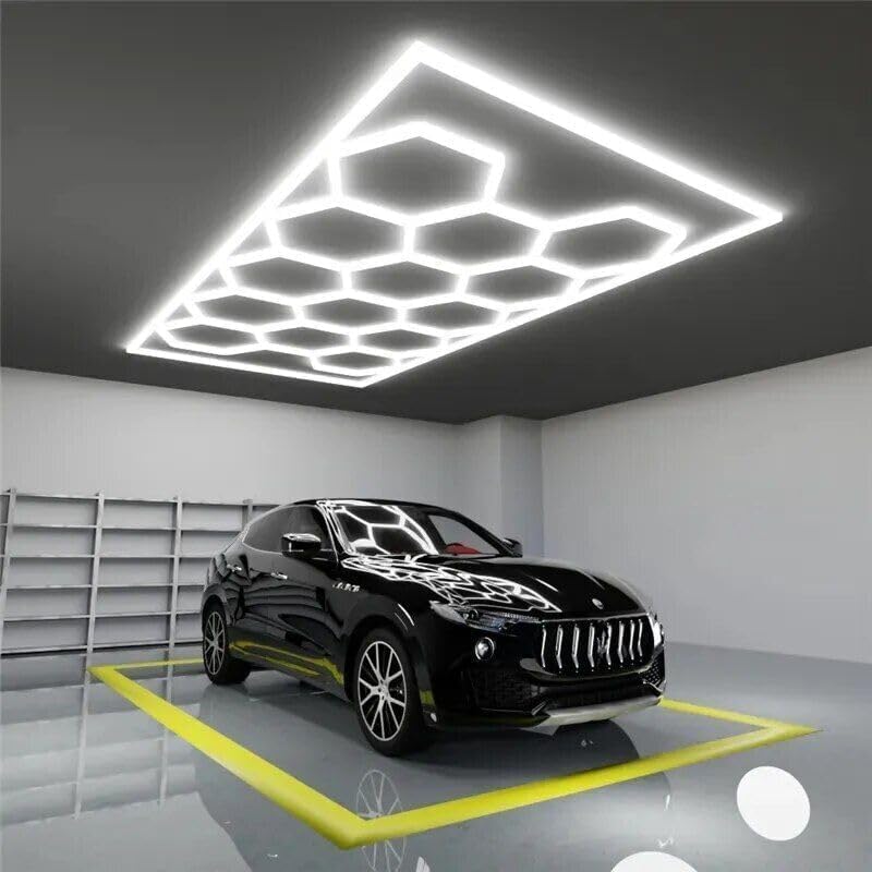 VASTFIRE 14 Hexagon Honeycomb LED Light,65W 6500K Super Bright Pure White LED Garage Workshop Lighting for Basement, Warehouse, Car Beauty Salon, Car Detailing Shop, Home, Office