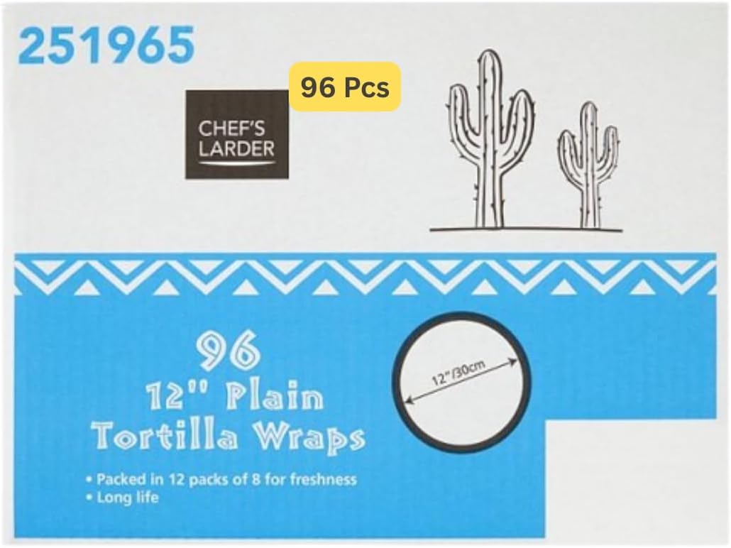 Plain Tortilla Wraps, 30 cm, 96 Pieces, 12 Packs of 8 (96 Tortillas)